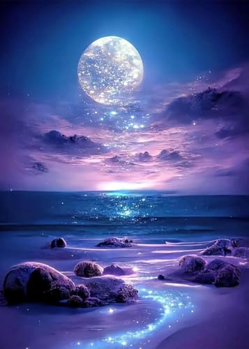 HSENJT Moonlight DIY Diamond Art Painting Kits for Adults,Beach 5D Diamond Art Kits with Full Tools Accessories,Paint with Round Diamonds for Home Wall Decor (30x40cm/11.8X15.7inch)