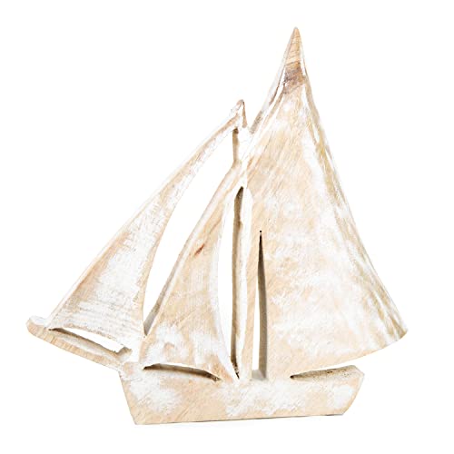 Logbuch-Verlag Figura de barco de madera, color blanco y beige encalado, decoración de barco de vela de madera, decoración marítima, idea decorativa para cuarto de baño