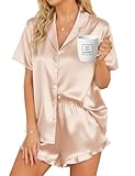 SWOMOG Women Silk Satin Pajamas Set Short Sleeve Button Down Sleepwear Ruffle Hem Shorts PJ Sets 2 Piece Loungewear