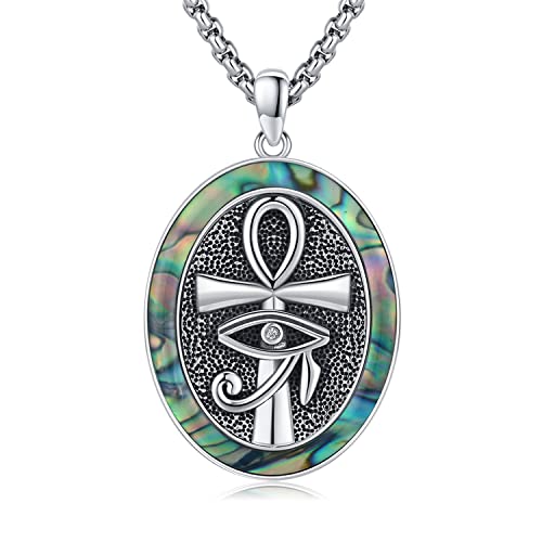 Abalone/Black Onyx/Turquoise/Malachite/Snake Ankh Necklace 925 Sterling Silver Ancient Egyptian Protection Jewelry Eye of Horus Pendant Punk Hip Hop Gifts for Men Women Father