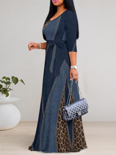 Image of Women's V Neck Floral Maxi Dress 3 /4 Sleeve Plus Size Boho Wrap Flowy Long Dresses with Belt