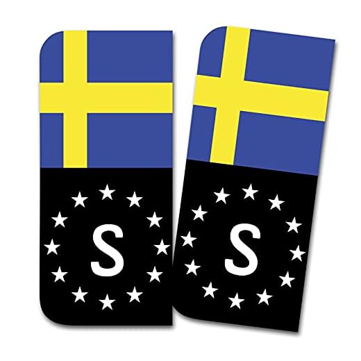Finest Folia 2 x registreringsskyltsklistermärken passar för EU fält 11 x 5 cm designklistermärken för registreringsskylt, folie, bil, svart eller med flagga, tvätttålig R167 (21 Sverige, med flagga)