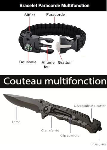kit de Survie XXL + Trousse De Secours Ultra Complete - Mini Pelle Pioche Pliante - scie - Boussole - Paracorde - Couteau Pliant Multifonction - Allume Feu - Lampe Torche - Filtre à Eau - Garrot... – Image 6