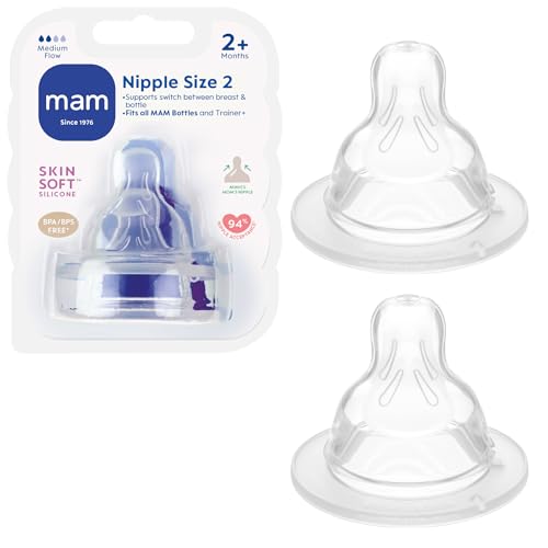 Image of MAM Baby Bottle Nipples Medium Flow Size 2, For 2+ Month Newborn Babies, Skin Soft BPA Free Silicone, 94% Nipple Acceptance, Fits All MAM Bottles, Developed With Medical Experts, 2 Pack Made In Europe