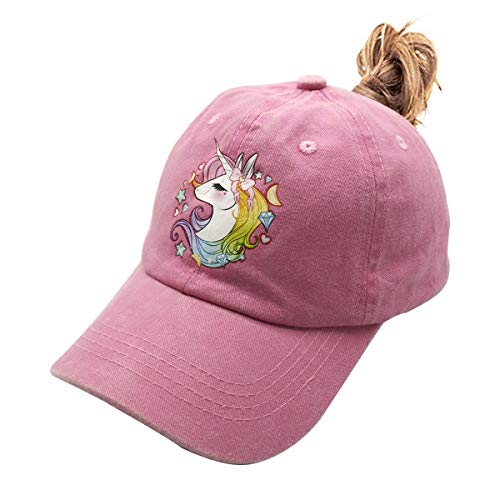 Waldeal Girls' Adjustable Cute Unicorn Ponytail Cap, High Buns Baseball Dad Hat for 3-12 Years