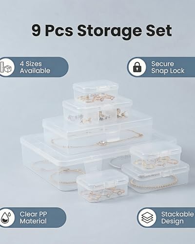 Image of 9 Pack Clear Plastic Storage Boxes with Snap-Lock Lids, Assorted Sizes Mini Organizer Containers with Bonus Marking Labels for DIY Crafts, Beads,Charms,Stickers, SMT Components,Hardware