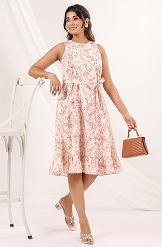 Image of Janasya Women's Peach Pure Cotton Floral Printed A-line Dress