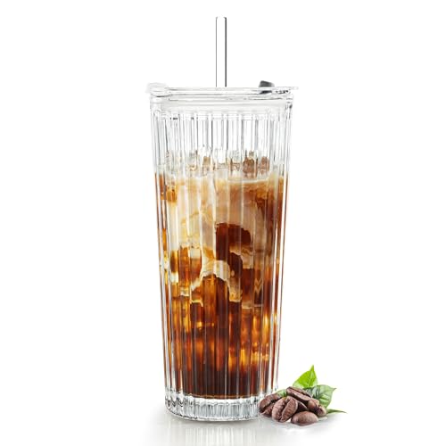 Puraville 18oz Glass Cup with Lid and Straw, Vintage...