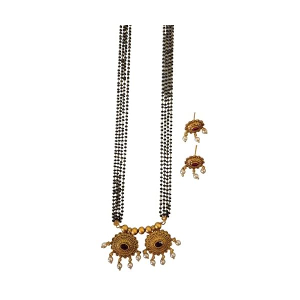 AAIKU Maharashtrian Traditional Gold Plated Black Beads Golden Chain and Earrings Set Mangalsutra Pack of 1 for Women Wedding jewellery