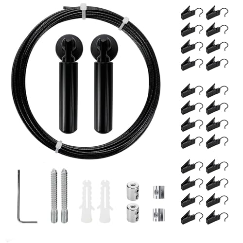 Yuqim Wall Mount Curtain Wire Rod Kit Stainless Steel Picture Hanging Wire with 24 Hanging Clips Clothesline Wire Multi-Purpose Curtain Rod Set(Black)