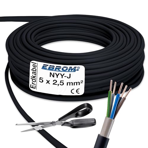 EBROM Erdkabel NYY-J 5x2 5 mm Starkstromkabel Erdleitung schwarz - 20 m