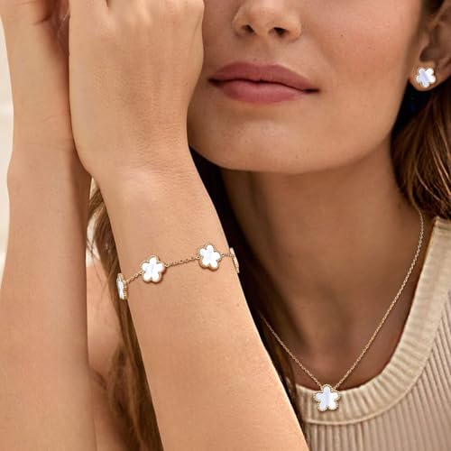 Gold Necklaces Bracelets Earring Set - 18K Gold Plated Flower Bracelet Chain,Stainless Steel Non Tarnish Floral Pendant Stud Jewelry Sets,Christmas Birthday Lucky Gift for Mom Wife Daughter Girlfriend4