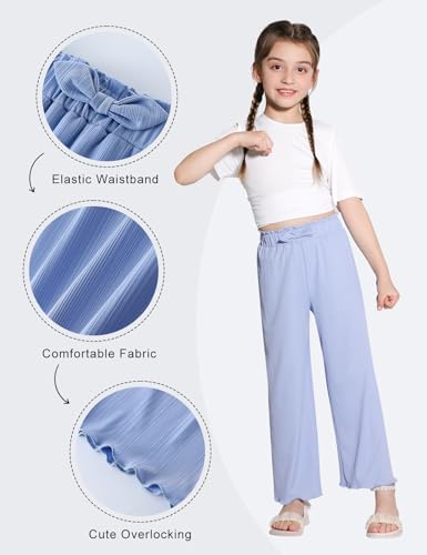 Image of Girls Wide Leg Palazzo Pant Loose Straight Cute Bow Waist Spring Summer Lightweight Dress Pant for Kids 5-14Y