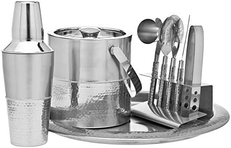 Bar Set with Ice Bucket - Stainless Steel Bartender Mixology Kit with Cocktail Shaker, Jigger, Strainer, Bottle Opener, Cheese Knife, Tong - 9 pc Set