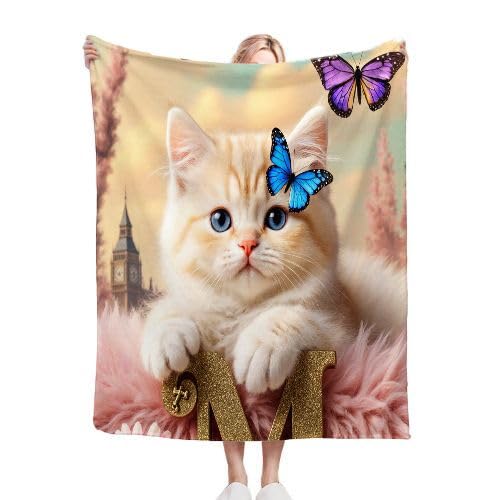 Couverture polaire 240x260 chat blanc en microfibres pour lit 2 personnes