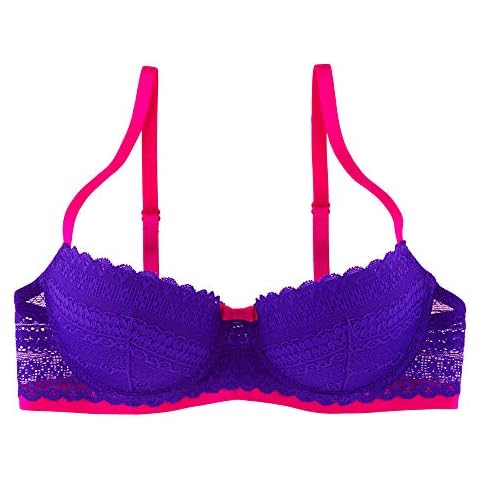 Undies.com Women's Geometric Lace Blushing Balconette Push Up Bra, Purmon, 34B Cover