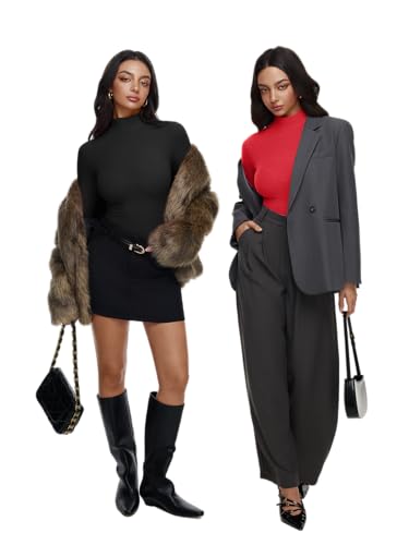 Image of REORIA Women's Turtleneck Tops Slim Basic Mock Neck Long Sleeve Shirts 2025 Fall Winter Layering Outfits