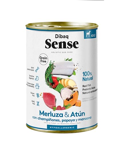 Dibaq Sense Grain Free: alimento húmedo de salmón, 100% Natural sin Cereales para Perros, 380g, Pack de 12 (380 gr, Merluza y atún)