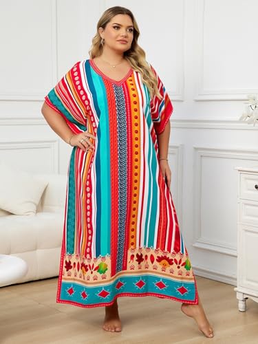 Image of KECVOT Kaftan Dresses for Women V-Neck Print Swimsuit Cover Up Plus Size Beach Caftan Lounge Dress