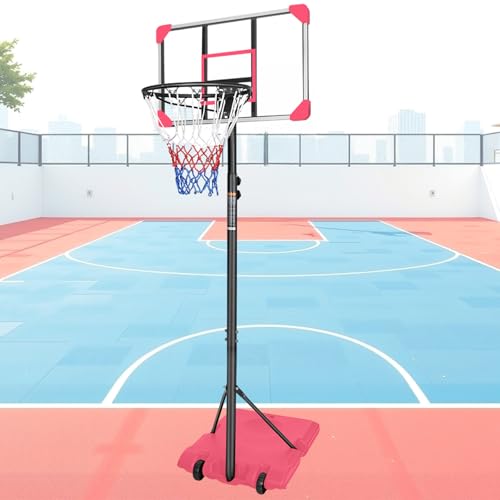 Portable Basketball Hoop Outdoor, Basketball Goal Indoor 5.6-7ft Adjustable Height, Basketball Goal Court System with Basketball Net,Basketball Hoop Indoor with Stable Base and Wheels (Pink)