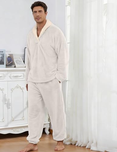 Image of Mens Fluffy Coral Fleece Pajamas Set Pullover Pants Loose Plush Warm Loungewear Sleepwear