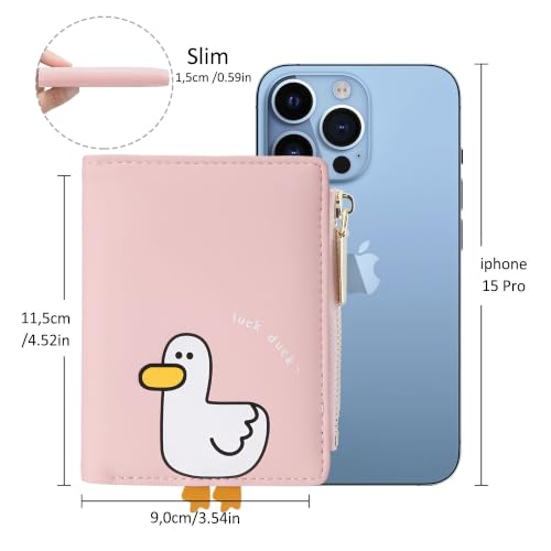 Image of Small Womens Wallet, Cute Bifold RFID Blocking Vegan Wallet for Teen Girls Ladies with Zipper Coin Pocket (Duck Pink)