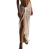 中空クロシェビーチカバーアップラップ、ロングビーチスカート、中空ニットビーチカバーアップスカート、サイドスリット水着カバーアップ