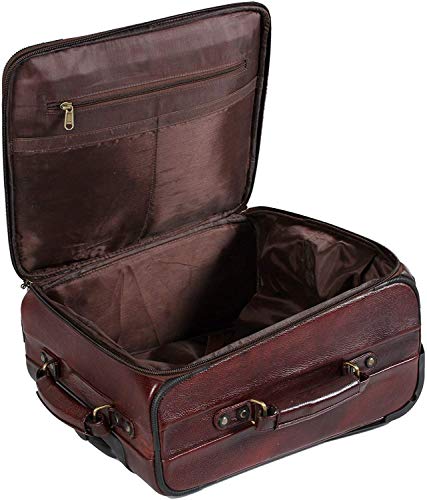 Image of HAINE Genuine Leather Overnighter Travel Trolley Cabin Luggage Bag, Brown