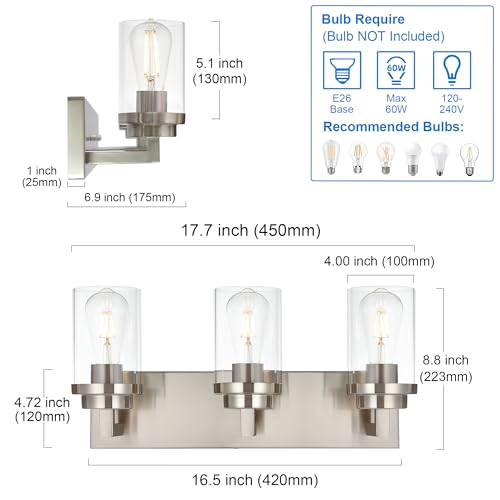 Image of MELUCEE 3-Light Vanity Lights Brushed Nickel with Clear Glass Shade, Modern Bathroom Light Fixtures Industrial Wall Light for Bedroom Kitchen Living Room
