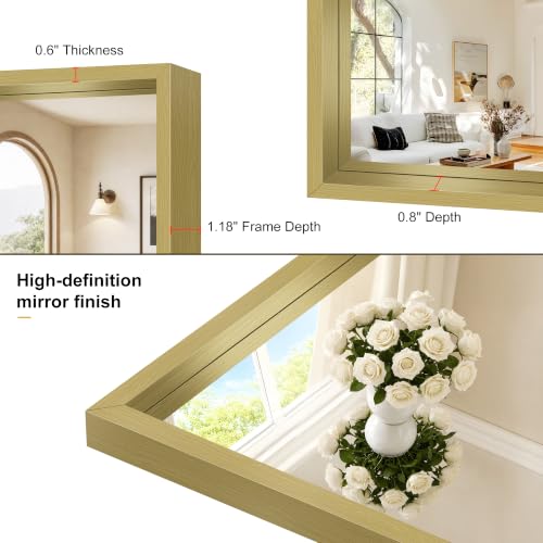 Image of Bathroom Mirror, 30 x 36 inch Natural Wood Grain Colored Aluminum Metal Frame Bathroom Vanity Mirror, Rectangle Wall Mirror for Bedroom Living Room, Tempered Glass, Horizontal or Vertical