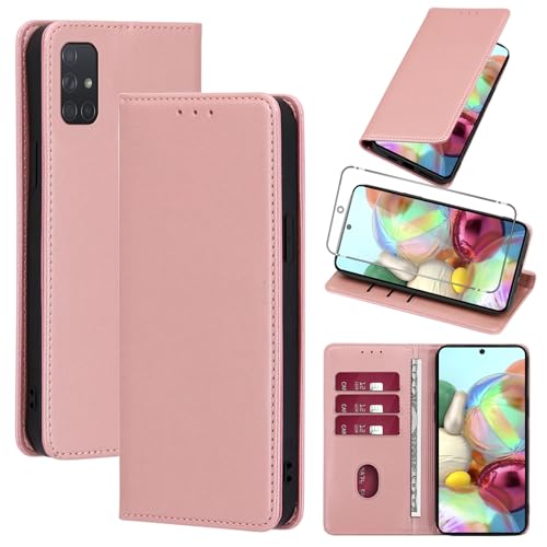 Vauki Coque Cuir pour Samsung Galaxy A71 4G/5G 6.7" avec 1 Verre Trempé Etui à Rabat en PU Porte-Cartes Portefeuille Support Flip Housse Magnétique Antichoc Anti-Rayures Case,Rose-Gold