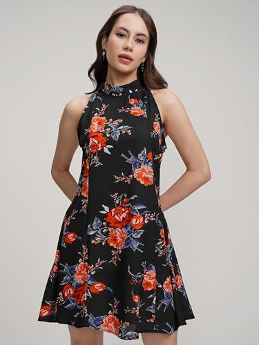 Image of Tokyo Talkies Women's Floral Mini Flared Dress | Halter Neck & Playful Silhouette | Chic & Effortlessly Feminine