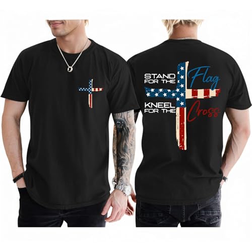 Tuislay Mens Christian Stand for The Flag Kneel for The Cross Shirt American Flag 4th of July Jesus Faith Religious T Shirts(Black L)