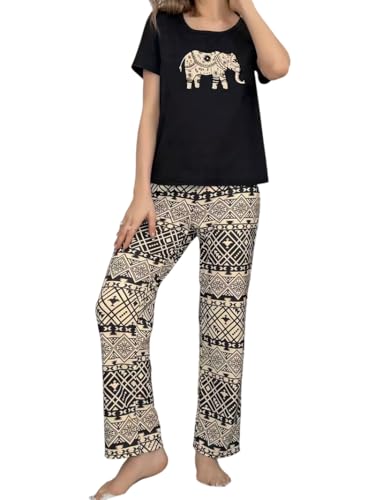 Image of TAGAS Women's Looper Fabric Night Suit Set - Soft Short Sleeve Printed Top with Floral Pajama Pants - Breathable Lightweight 2-Piece Sleepwear & Loungewear Set for Ladies