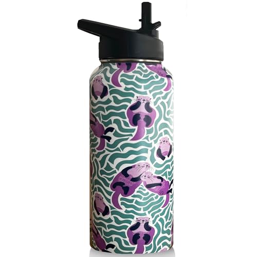 32oz Sea Otter Water Bottle Insulated Vacuum Stainless Steel Tumbler Travel Mugs With Straw for Gym Camping Hiking