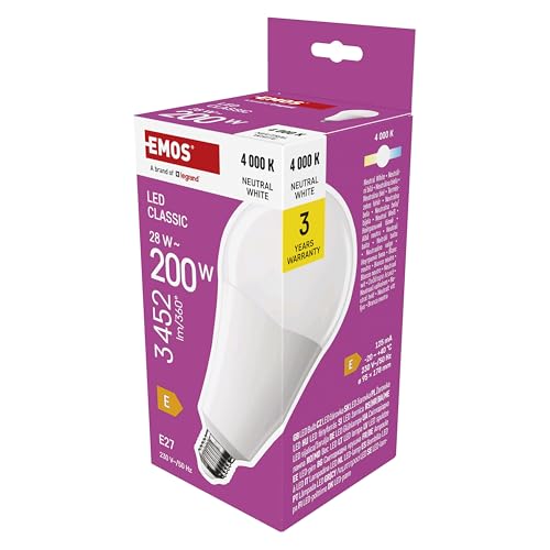 EMOS Bombilla LED A95, 28 W, repuesto para bombilla de 200 W, bombilla clásica en forma más grande, casquillo E27, brillo 3452 lm, blanco neutro 4000 K, 30.000 h de vida, CRI mín. 80, ángulo de haz de