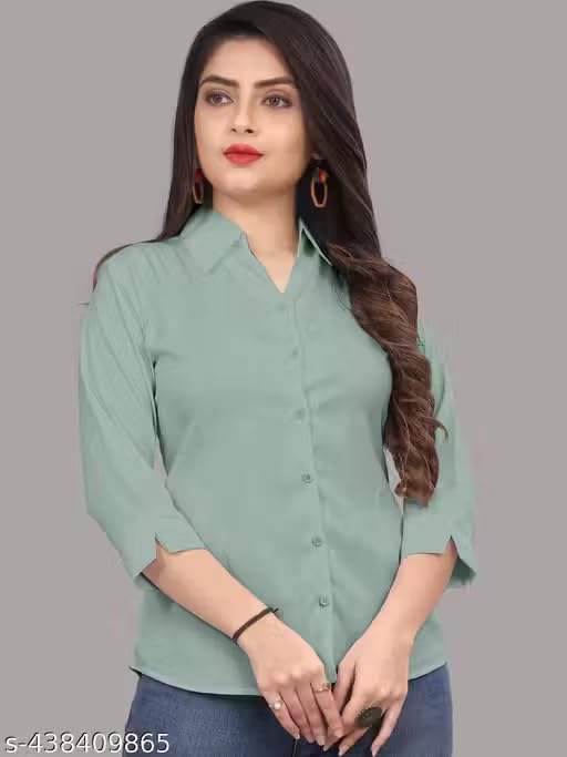 Image of Women's Cotton Blend Solid Formal Shirt with 3 /4 Sleeves-Navy Blue P4