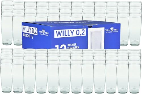 Van Well Willibecher 0,2 l, 120 pezzi, bicchieri da birra premium, 0,2 l, robusto, lavabile in lavastoviglie, calibrato, qualità gastronomica, bicchiere da 200 ml, per gastronmia e casa