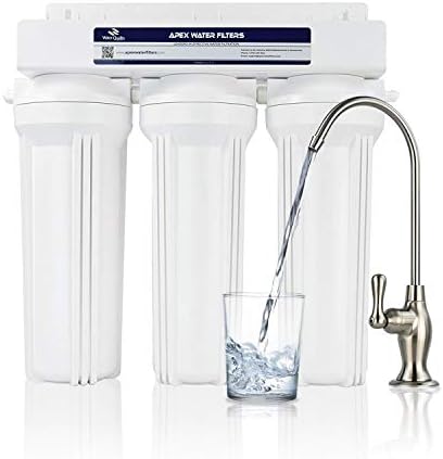 APEX Under Sink Drinking Water Filter - 3 Stage Inline Under Kitchen Counter Purification System - Max Flow Brushed Nickel Faucet