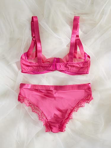 Cozyease Women's 2 Piece Contrast Lace Underwire Lingerie Set Mid Rise Sheer Plain Lingerie Set Hot Pink L #TOP1