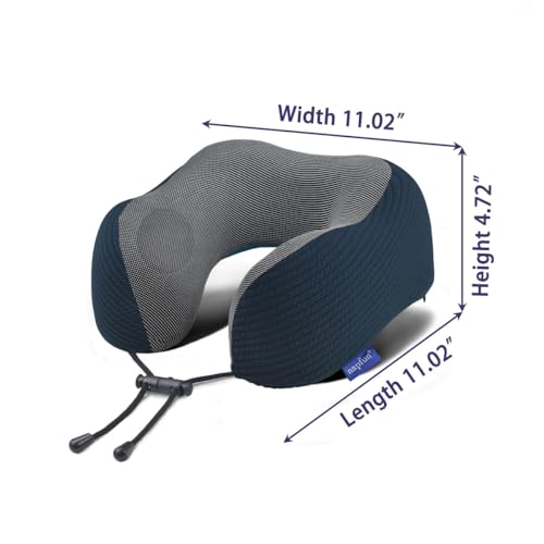 napfun Neck Pillow for Traveling, Upgraded Travel Neck Pillow for Airplane 100% Pure Memory Foam Travel Pillow for Flight Headrest Sleep, Portable Plane Accessories, Deep Blue Set, Medium (120-200LB)