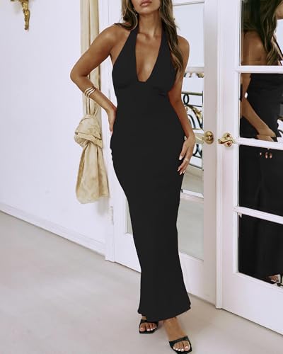 Image of Women's Satin Dresses Summer Bodycon Sexy Halter V Neck Backless Elegant Formal Prom Cocktail Wedding Guest Maxi Dress