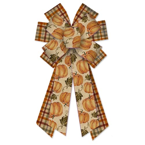 Large Fall Wreath Bows Thanksgiving Bows Vintage Pumpkin Plaid Burlap Bows for Wreaths, Fall Ribbon Bows Tree Topper Bows for Thanksgiving Home Indoor Outdoor Decoration Wreath Ornament Supplies