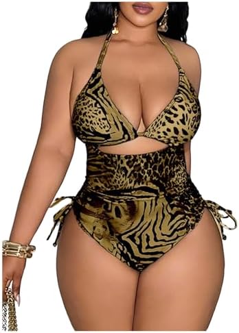 WDIRARA Women's Plus Size Leopard Halter One Piece Swimsuit Cut O...