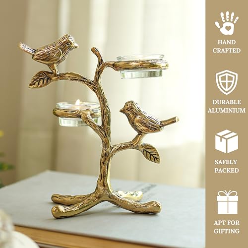 Image of BEHOMA Metal Romantic Love Birds Tree Candle Holder | Blessing Birds Tea Light Centerpiece for Home Decor & Living Room | Couple Gift for Valentine's Day, Wedding, Anniversary & Housewarming - Gold