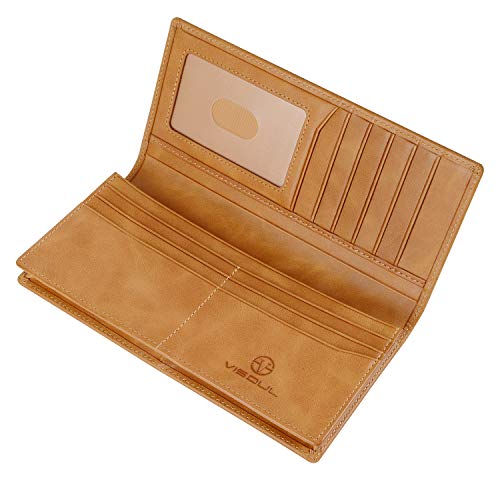 Image of VISOUL Leather Checkbook Cover Wallet for Men with RFID Blocking, Mens Long Bifold Cash Tall Wallet with 11 Credit Card Slots 1 ID Window (Tan)