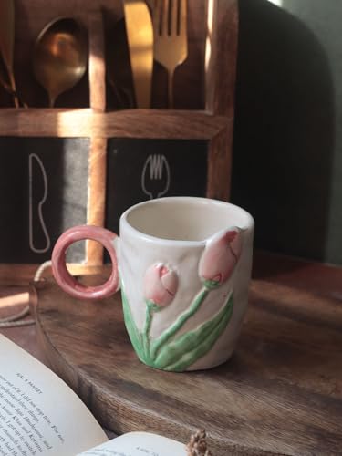 Image of WEAVING HOMES Tulip Engraved Ceramic Coffee Mug for Office, Stylish Tea Cup for Woman, Modern Travel Mug (250 Ml)