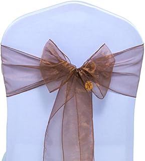 Paquete de 25 Silla Organza Completo Lazo Bandas - Semi-Transparente Tela Cubiertas con Minimal Sheen - Adecuado para Banquetes Bodas,Recepciones,Celebraciones, y Eventos | café