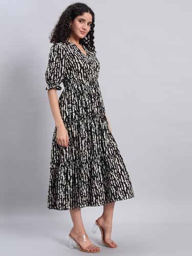 Image of PIDAVLIYA'S Women's Floral Summer Maxi Dress I Cotton Printed I One Piece Bodycon Midi Dress with V-Neck, Puffed Sleeves