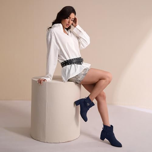 NUMALEO Womens Buckle Outdoor Suede Casual Round Toe Chunky Low Heel Ankle High Boots 2 Inch4